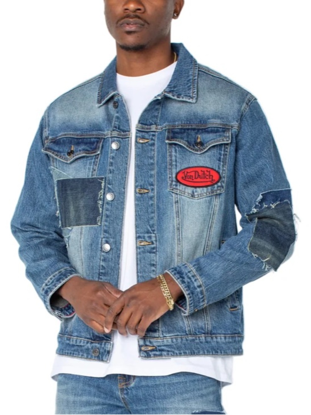 Von Dutch Men L Patchwork Denim Y2K Equalisation Robust Trucker Jean Jacket NWT